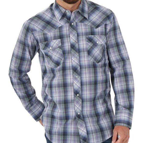Wrangler Western Fashion Snap Shirt Blue Plaid Pearl Snap Country Rodeo Size L - Picture 1 of 7